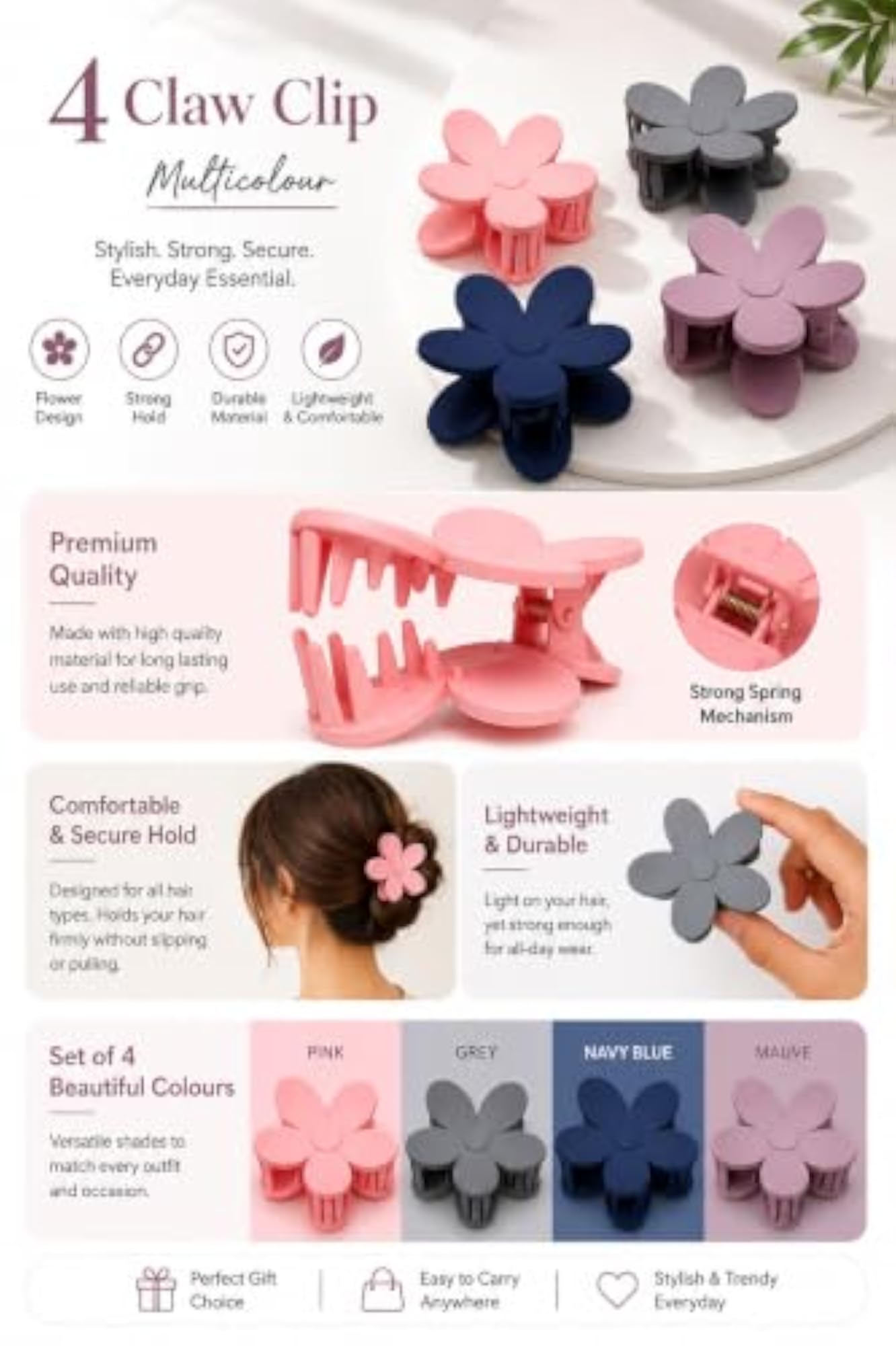 4 Pcs Floral Hair Claw Clips, Strong Hold
