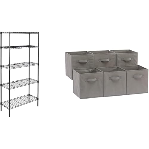Amazon Basics 5-Shelf Adjustable, Heavy Duty Storage Shelving Unit, Steel Organizer Wire Rack, Black (36L x 14W x 72H) & Collapsible Fabric Storage Cubes Organizer with Handles, Gray - Pack of 6