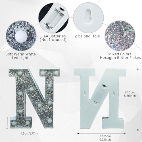 Image of LED Marquee Light Up Letters, 26 Alphabet Lighted Letter and 10 Number, Battery Powered Night Light for Room Decor, Home Birthday Wedding Bar Party Decoration, Shiny Silver Diamond (Letter N)