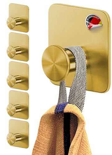 4smile Toallero sin taladrar, juego de 6 unidades, diseño dorado, ganchos autoadhesivos con almohadillas adhesivas 3M, ganchos de pared elegantes
