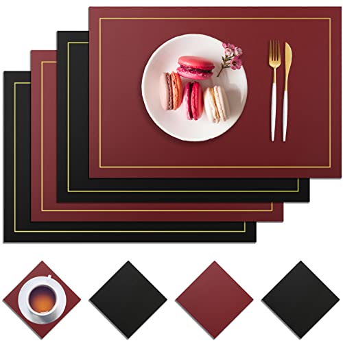 wiipara Tischsets Abwaschbar aus PU-Leder, Abwischbar Lederoptik Platzset und Untersetzer rutschfest Doppelseitigen Tischsets Wasserdicht Platzdeckchen für Hause Küche Restaurant (Schwarz Rot) Cover