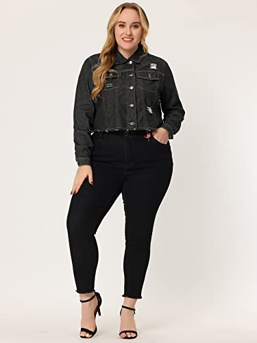 Agnes Orinda Women's Plus Size Denim Jackets Washed Button Front Long Sleeve Ripped Frayed Crop Denim Jacket3
