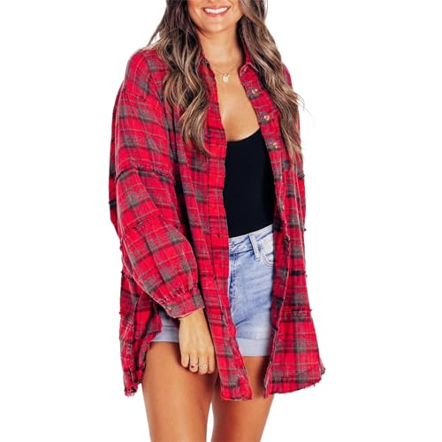 Women's Seams Raw Edge Washed Oversized Shirt Jacket with Pockets,Plaid Button Down Long Shirts Coats