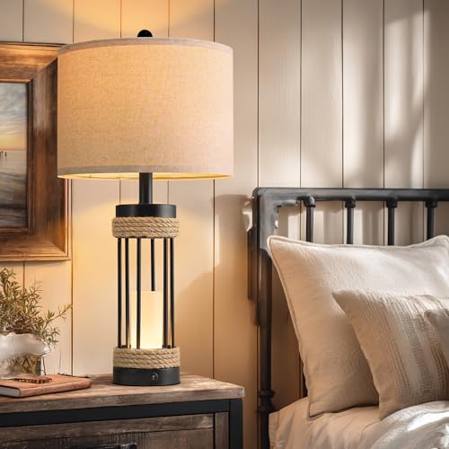 Image of OYEARS 25 inch Table Lamps Set of 2 with Night Light, Rustic Bedside Lamps with USB C+A Charging Ports, Black Metal Lamp with Rope Accent and Frosted Glass, Farmhouse Lamps for Living Room Bedroom