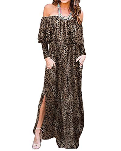 BYSBZD Womens Off The Shoulder Ruffle Dress Side Split Beach Maxi Dress with Pockets