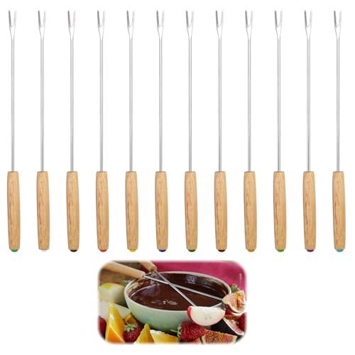12 Stück 24CM Edelstahl Fondue Gabeln Set - Fonduebesteck mit Holzgriff, Fonduespieße, für Schokoladenfondue, Käsefondue & Grillen, Bunte Griffmarkierungen