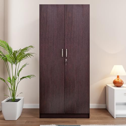 Image of VIKI Wardrobe | Mawlynnong Wardrobe | Wooden Almirah for 2 Door Wardrobe with 2 Shelves & Hanging Space (Dark Wenge - 40D x 80W x 180.8H) | 1 Year Warranty | Free Assembly