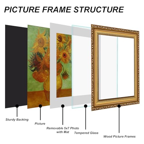 Image of 8x10 Vintage Picture Frame with Mat Antique Gold Picture Frames | Wood, Real Glass, Matted 5x7 or 8 x 10 Photos, Easy Photo Changes, Tabletop or Wall Hanging