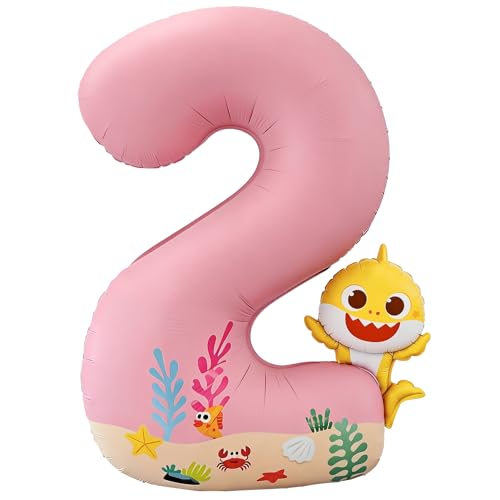 PartyWoo Baby Shark Pink Foil Mylar Helium Girls Number 2 Balloons