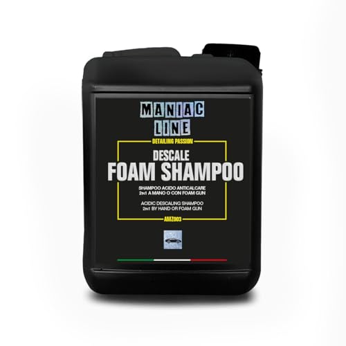 Ma-Fra, Maniac Car Detailing Line, Formato 2L, Descale Foam Shampoo, Shampoo Acido Anticalcare 2in1 a Mano o Foam Gun, Elimina Contaminazioni di Calcare Causate da Macchie d'Acqua o Piogge Sabbiose