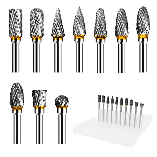 Jeu de Fraises Rotatives Acier Carbure de Tungstène Double Tranchant pour Outil Rotatif, 10 Pièces Fraises Metal avec Tige de 1/8” pour Bricolage, Sculpture, Polissage, Polissage de Métal, Perçage