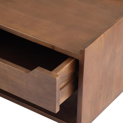 Image of Solid Sheesham Wood Wall Mounted Nightstand | Bedside Table with Drawer & Open Shelf | Space Saving Side Table for Bedroom & Living Room Decor | Modern End Table
