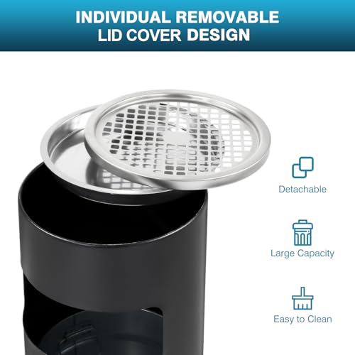 Image of IRONWALLS Indoor Outdoor Trash Can with Lid, Black Stainless Steel Garbage Can, Removable Inner Bucket, Round Commercial Waste Bin Container Trash Receptacle for Office, Hotel