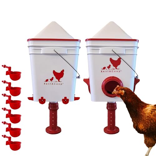 RentACoop Chicken Feeder & Waterer Set 25lb No-Waste Feeder with 4 Large Ports + 5-Gallon Waterer with Auto-Fill Cups & Horizontal Nipples BPA-Free Anti-Roost Cone Adjustable Stands