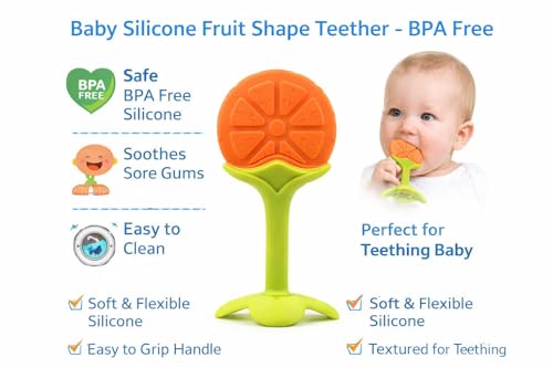 Image of 1 Baby Skin Care Powder Talcum Puff Case Cum Container Box With 1 Soft Silicone Fruit Shape Molar Teething Toy for Toddlers Kids and Infants BPA Free (DESIGN 205)