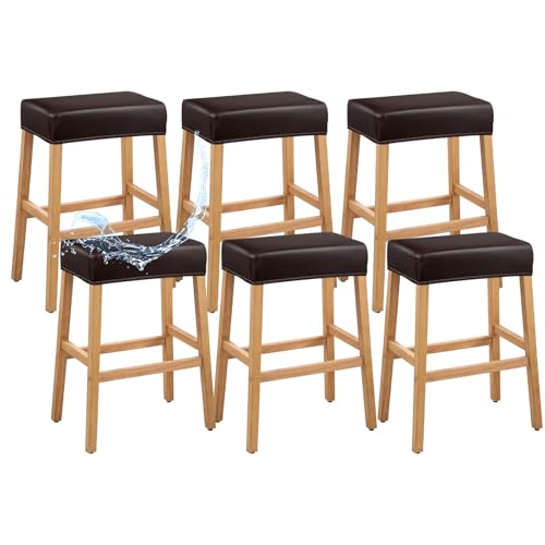 Image of PU Leather Bar Stool Covers Rectangular, 100% Waterproof Stool Covers Rectangle Super Stretch 20% Thicker Leather Saddle Stools Cover Rectangular Counter Bar Stools with Elastic Band (6 PCS, Brown)