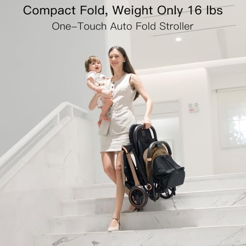 Image of Gromast Gravity Folding Baby Stroller - Portable Travel Toddler Stroller w /Adjustable Backrest, Canopy & Cup Holder, Lightweight and UV Protected, One-Hand Automatic Folding - Golden Khaki