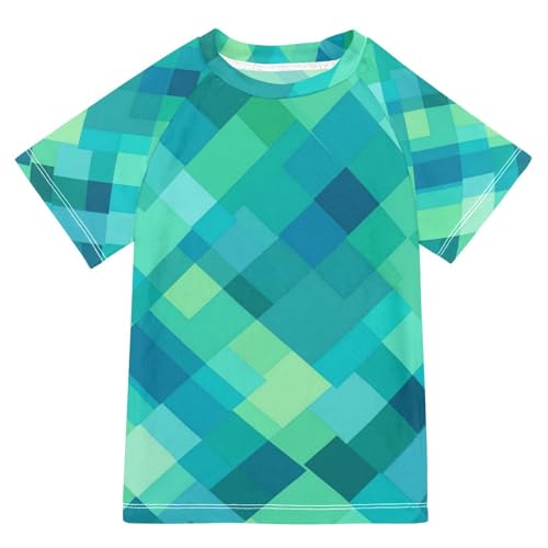 Rash Guard Bathing Suit Girls Short Sleeve Girls Rash Guard Top 11T Rhomboid Turquoise Green