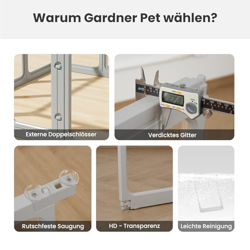Gardner Pet Acryl Welpenauslauf, 60 cm 8 Panels hundelaufstall für Wohnung, Welpenlaufstall faltbar, Transparent, mit Saugnäpfen Laufstall Hund, geeignet für Welpen, Kaninchen, Katzen, Schweine, Grau