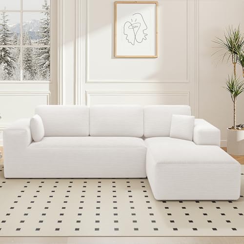 107" Cloud Sectional Couch with Chaise, L Shaped Boneless Couch with Deep Seat, 3 Seater Corduroy Modular Sectional Sofa for Living Room, No Assembly Required, (Right Facing Chaise, Cream Beige)