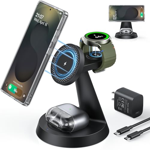 Magnetic Wireless Charger for Samsung, 3 in 1 Charging Station Compatible with MagSafe Samsung Charger for Galaxy S25 Ultra S24 Z Fold7/Flip7, Watch Charger Stand for Galaxy Watch Ultra 8 7, for Buds
