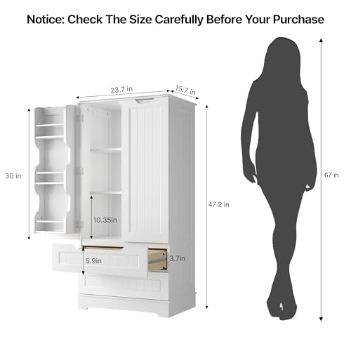 Gizoon Kitchen Pantry Storage Cabinet with Drawers Freestanding Bathroom Storage Cabinets with Doors and Shelves, 47" Small Food Pantry Cabinet for Dining Room Craft Room, White
