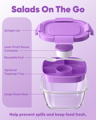 Image of Canfanni Glass Salad Container, 56oz Bowl with Airtight Lids, Tray, Fork