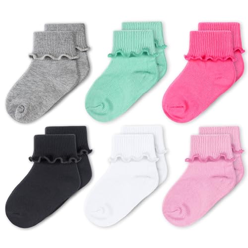 Image of CozyWay Baby Ruffle Socks Baby Girl Turn Cuff Ankle Comfy Cotton Socks Infant - 6 Pack