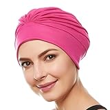 Polyester Latex Lined Pleated Women's Swim Bathing Turban - Hot Pink
