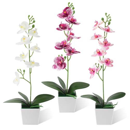 Xbessc 3 Pièces Orchidees Artificielles 43 cm Fleurs Artificielles en Pot Exquis Fausse Fleur Decoration Résistant aux Intempéries pour Mariage Maison...