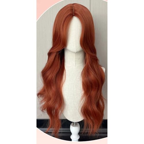Perruque synthétique orange longue bouclée 68 cm cheveux ondulés raie centrale
