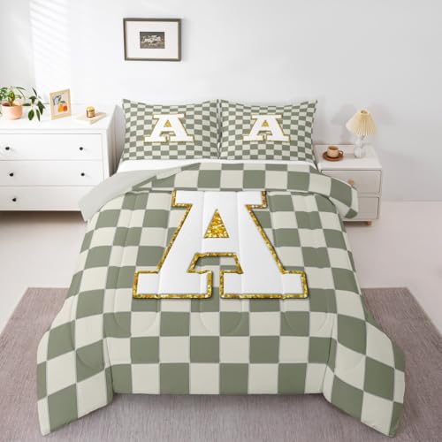 Image of Erosebridal Sage Green Checkered Comforter Set Full Plaid Initial A Bedding Set Personalized Monogram Comforter for Kids Adults,Fashion Grids Gingham Quilt Duvet