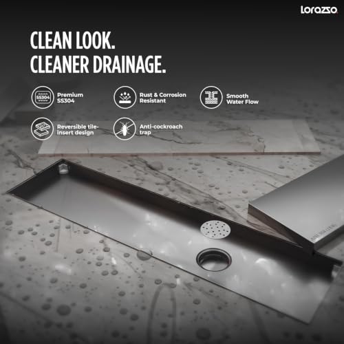Image of Lorazzo Linea Tile-Insert SS304 Shower Drain Channel 12x4 Inch | Built-in Cockroach Trap | Stainless Steel Floor Drain | Silver Finish | Bathroom Shower Drain | 10 Year Warranty