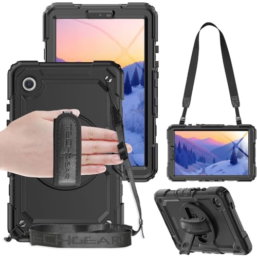 TECHGEAR UTILITY Case fits Samsung Galaxy Tab A9 8.7" (SM-X110 / SM-X115) Tough Rugged HEAVY DUTY Armour Shockproof Impact Case with 360 Rotating Stand, Hand Strap and Shoulder Strap - Black
