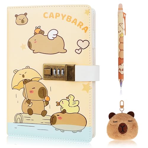 IETWATE Capybara Journal intime avec cadenas : journal intime A5 ligné avec code, 256 pages, carnet de notes pour enfants, avec stylo et porte-clés Capybara,...