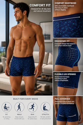 Image of BONO Men Cotton Blend Printed Trunk Combo Anti-Bacterial Moisture Wicking No Marks Stretchable Regular Fit Waistband Underwear Pack of 3 (Darkblue-Multicolor-TurquiseBlue-M)