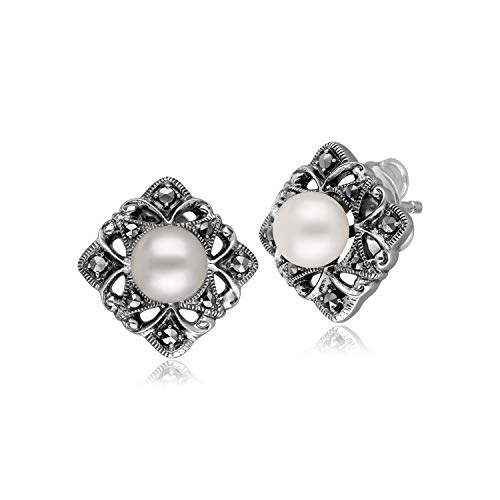 Gemondo USA Pearl & Marcasite Floral Button Earrings