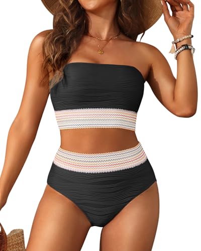 Image of High Waisted Bandeau Bikini Set - Women Strapless Two Piece Swimsuits Ribbed Longline Full Coverage Bathing Suits Swimwear