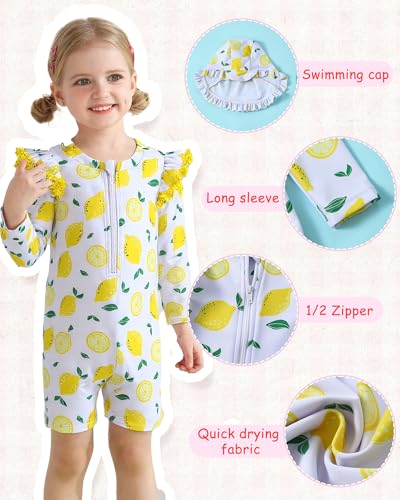 Image of Toddler Girl Swimsuit Baby Girl Bathing Suit Long Sleeve Floral Zipper One-Piece Rash Guard Swimsuit with Hat