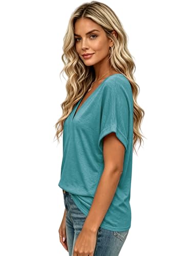 Image of T Shirts Short Sleeve V Neck Tees Womens Tops Beach Vacation Fashion Clothes 2026 Casual Summer Spring Fall Outfits