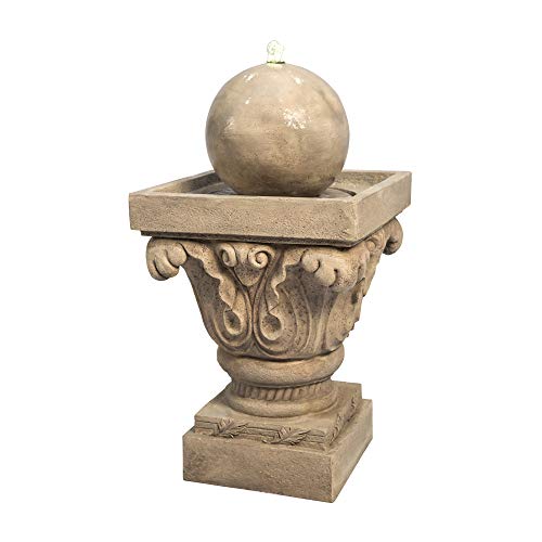 Teamson Home Garden Wasserspiel mit Lichtern, Outdoor-Kugel, traditioneller Wasserbrunnen und Pumpe, Indoor-Kaskaden-Zen-Wasserfall-Ornament, Terrassendekoration, Braun, 38.0x38.0x70.5