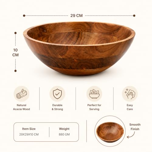 Image of Aanya Homecraft Acacia Wooden Salad Bowl | Serving Bowl | Mixing Bowl for Kitchen | Chef Decorative Bowl for Soup Serve-Ware & Snacks | 29x29x10 CM | Natural