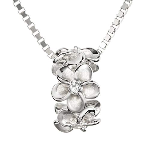 925 Sterling 14K Gold Plated Silver Cubic Zirconia Hawaiian Plumeria Flower Lei Barrel Necklace Pendant with 18