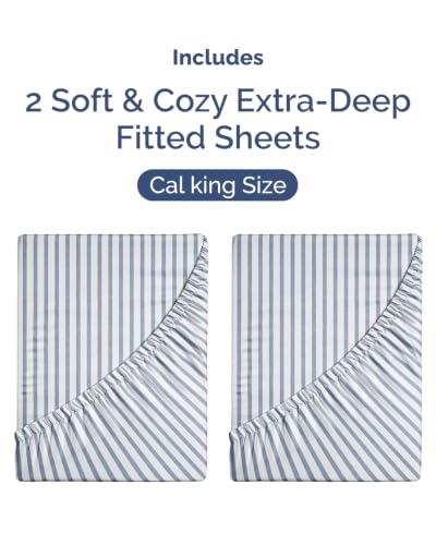 Image of CGK Linens 2 Pack Extra Deep Cal King Fitted Sheets - Blue Stripes