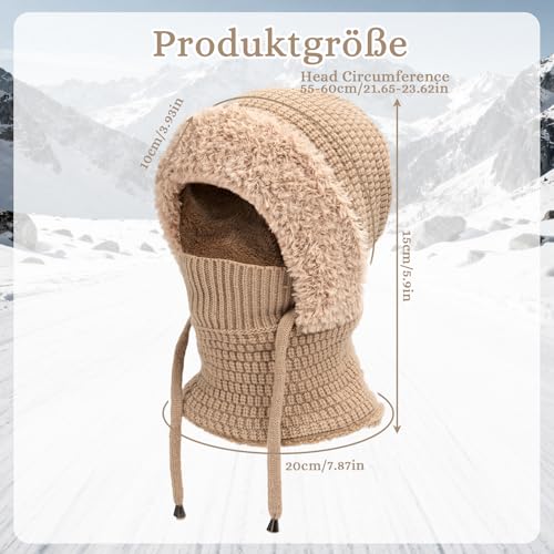 Youkly 3-in-1 Mütze für Damen, Winter Warme Strickmütze mit Schal & Gesichtsmaske, Damen Strick-Balaklava Winddichte Wintermütze für Outdoor Skifahren, Wandern, Wintergeschenk, khaki, Einheitsgröße