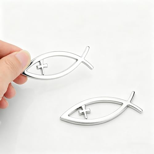 Image of 3D Chrome Emblem Badge Sticker Christian Fish with Cross Chrome Emblem Decoration for Car, Truck, Motorcycle, RV, Scooter, SUV, Door, Window (Silver Christian Fish)