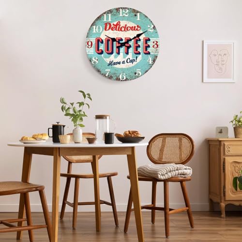 Image of XFM 12 Inch Silent Wooden Wall Clocks Battery Operated Blue Retro Coffee | Vintage Round Decorative for Kitchen Cafes Bar Farmhouse Office Non-Ticking