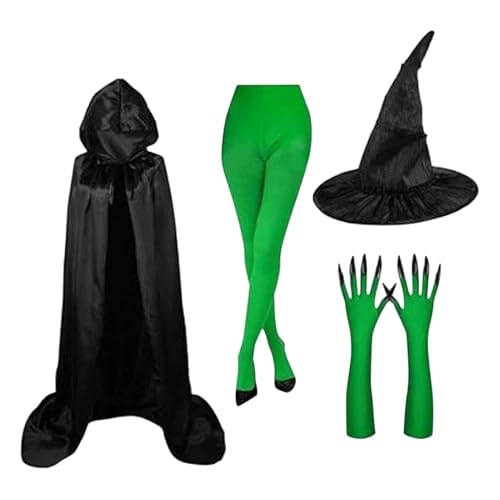 Disfraz de bruja para mujer con sombrero y guantes verdes para Halloween