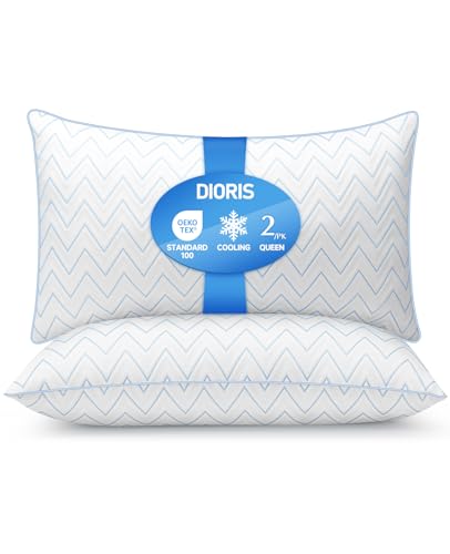 Image of DIORIS Pillows Queen Size Set of 2 - Cooling Luxury Hotel Collection Bed Pillows for Sleeping, Breathable Medium Firm Down Alternative Microfiber Filled Pillows