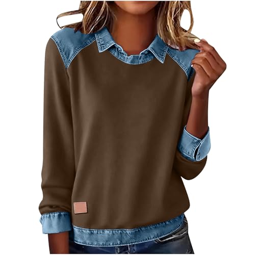 Womens Fall Oversized Long Sleeve Sweatshirt 2 in 1 Denim Panel Lapel Pullover Tops Trendy Going Out Shirts